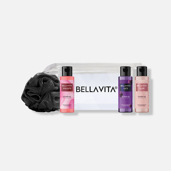 Shower gel trial kit for women, Shower gel trial pack, Body wash for women, Shower Gel, Best shower gel for women, body wash gel, woman shower gel, aloe vera shower gel, body shop shower gel, Best Shower Gel,loofah,bath loofah, Date shower gel, Glam shower gel, and Senorita shower gel, Free pouch with loofah